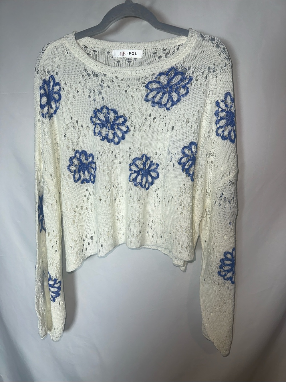 POL Cream Open-Knit Sweater with Blue Flowers 💙